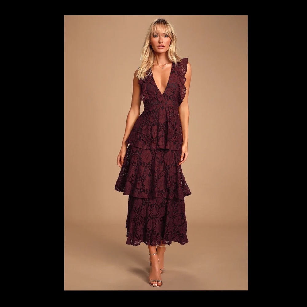 Molinetto Burgundy Lace Ruffled Tiered Maxi Dress